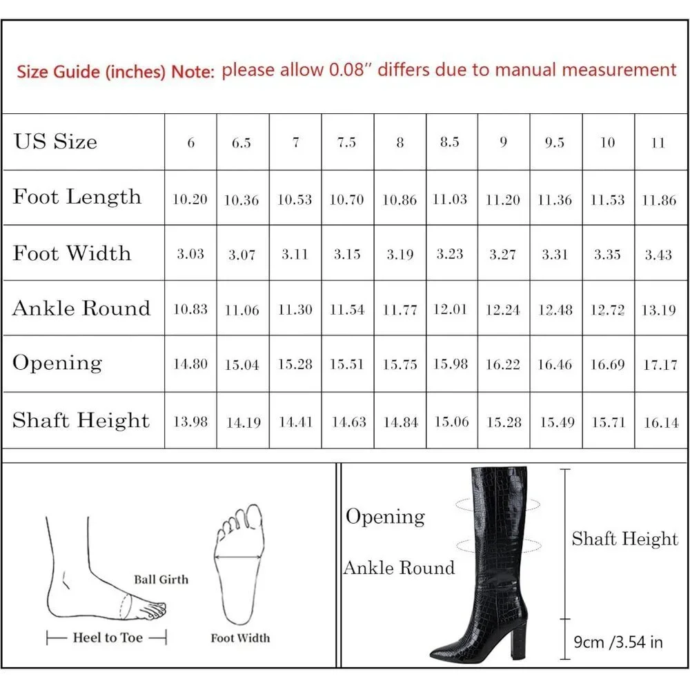 Women's Black Tall Long Calf High Chunky Faux Crocodile Knee High Boots